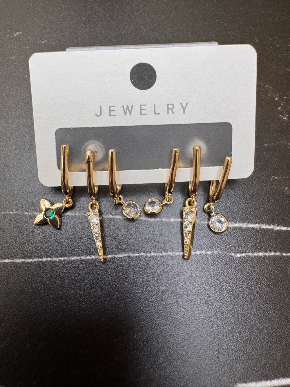 Gold-Tone Huggie Earring Set with Green Accent and Clear Stones